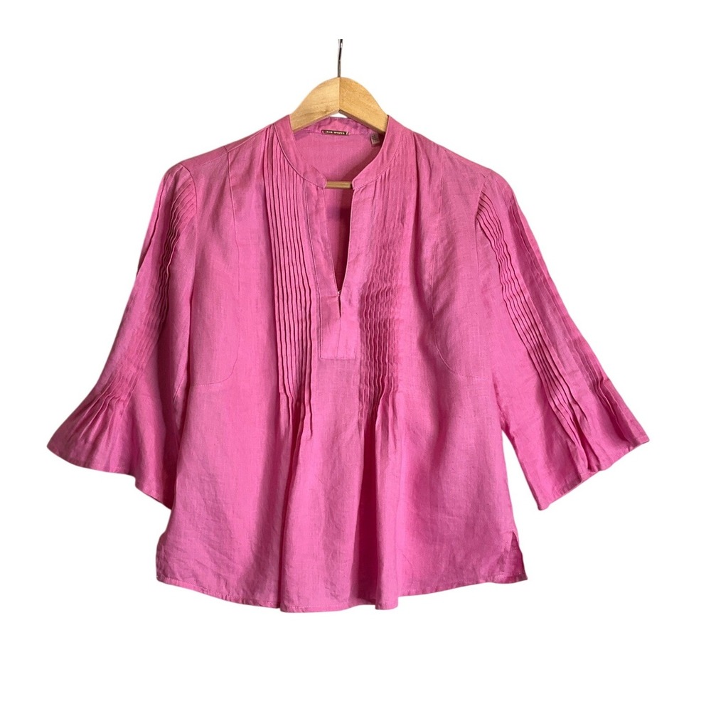 Ellie Tahari 100% Linen Pink Pintuck Tunic Blouse Bell Sleeve Preppy Summer‎ S